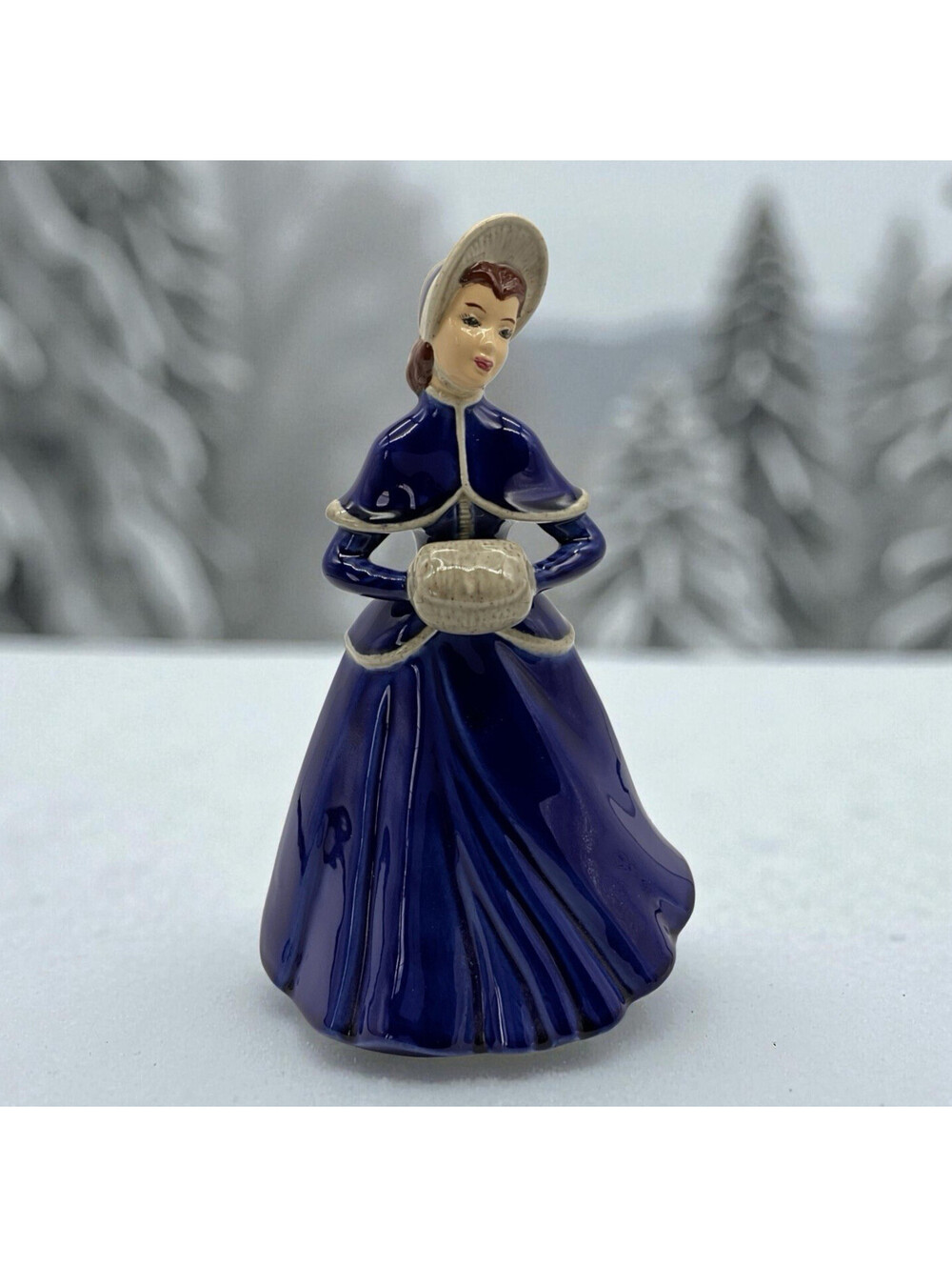 Vtg Holland Mold Hand Painted Victorian Lady Winter Figurine Glossy Blue Dress